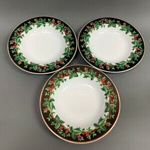Holiday Bouquet Waverly Soup‎ Cereal Bowls Holly Berries 9 Gold Trim Lot of 3